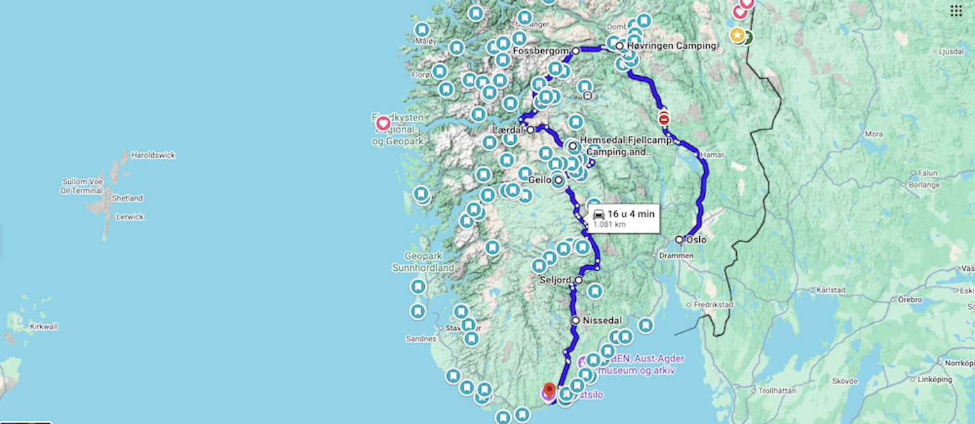 reisroute met de camper door Noorwegen